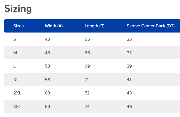 Sizing chart for clothing with dimensions in centimeters